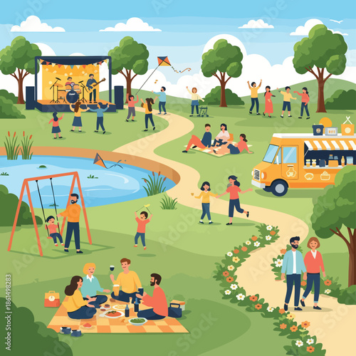 Families Enjoying Picnic and Outdoor Activities in Park.