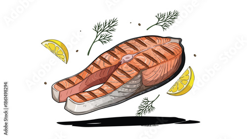 Vibrant illustration of a perfectly grilled salmon steak adorned with zesty lemon slices and fragrant dill herbs, embodying a wholesome and