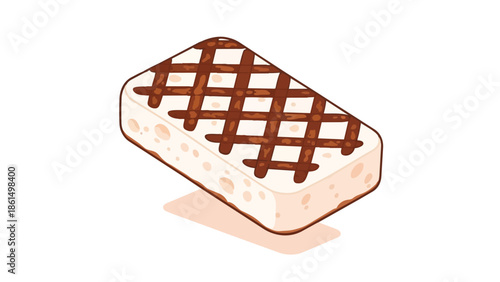 Deliciously depicted isometric sweet confection bar with a creamy base and intricate chocolate grid pattern perfect for dessert menus or delightful