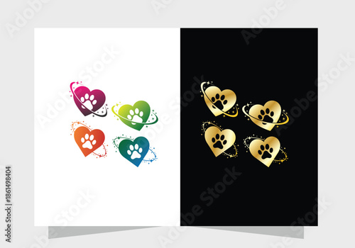 Animal Paw Heart Logos set, Vibrant and Golden Animal Paw Heart icon vector design