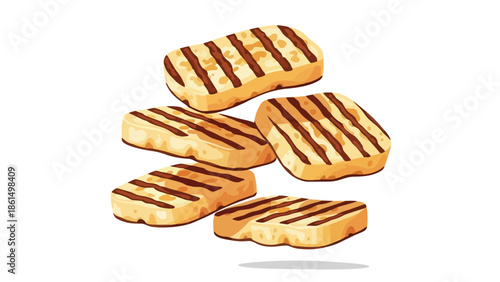 Stacked grilled halloumi cheese slices featuring distinct char marks and a golden brown texture.