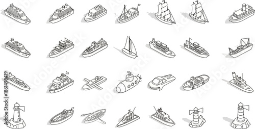  Ship and boat icons set in isometric 3d style. Sailing elements set collection vector illustration 