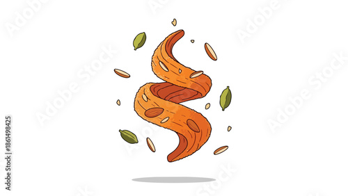 Vibrant orange swirl adorned with floating almond slivers and aromatic green cardamom pods creating a delightful and elegant culinary illustration