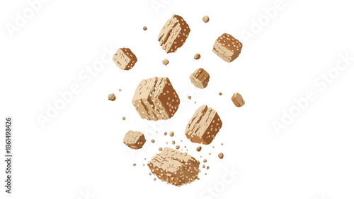 Dynamic arrangement of falling textured brown snack pieces on a clean white backdrop creating an appealing visual effect