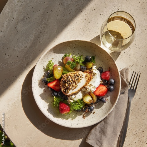 Gourmet chicken salad with fresh berries and white wine on stone table