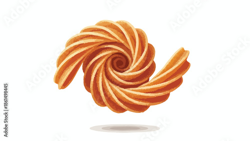 Delicious golden brown spiral fried dough pastry illustration. Sweet snack for dessert, breakfast, or coffee break. A classic street food delight