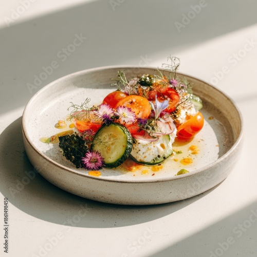 Fresh burrata cheese salad with heirloom tomatoes, cucumbers, and edible flowers on a ceramic plate.