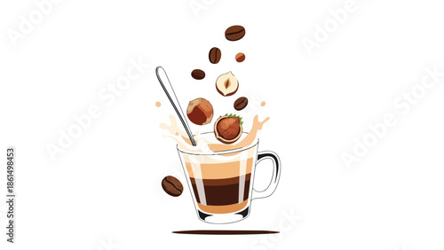 Dynamic illustration of a layered hazelnut coffee creation, with roasted beans and nuts falling into a frothy beverage in a clear glass mug,