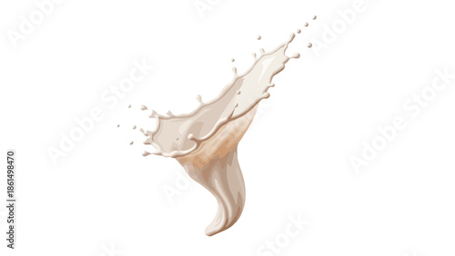 Dynamic swirling creamy liquid splash with scattered droplets on a pristine white background