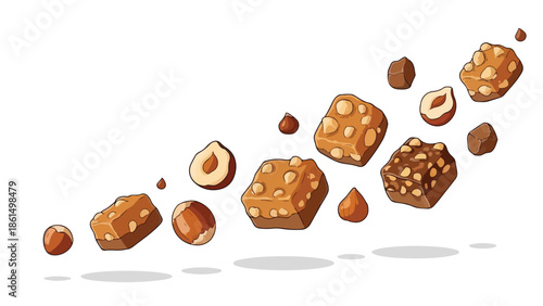 An artistic depiction of delightful hazelnut confectioneries and raw nuts gracefully ascending or descending through a pristine white space