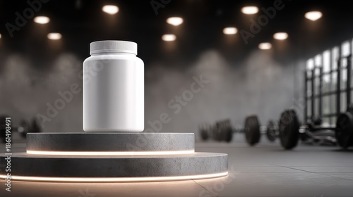 White blank plastic supplement bottle on a lit pedestal in a gym background