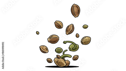 Dynamic illustration of various botanical seeds in mid-air, depicting natural propagation and the inherent promise of new plant life, emphasizing