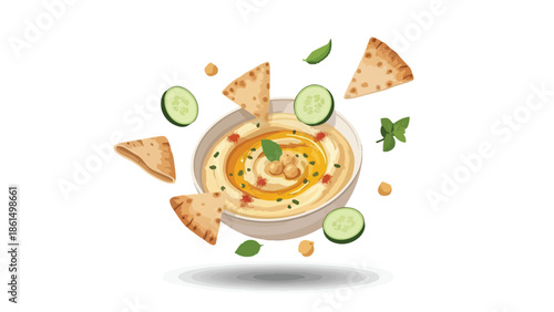 A delightful illustration showcasing creamy chickpea hummus, elegantly garnished with olive oil, fresh herbs, and whole chickpeas, accompanied by