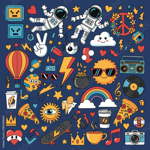Vibrant Collection of Playful Cartoon Icons and Doodles.