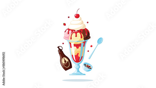 Vibrant ice cream sundae illustration with creamy scoops, cherry, and delectable toppings