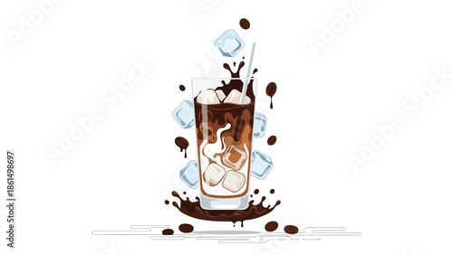Dynamic iced coffee blend illustration featuring refreshing ice cubes, delightful cream swirls, and energetic coffee bean splashes, a vibrant