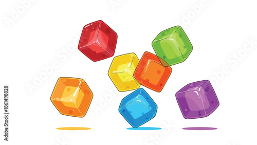 Playful assortment of colorful translucent jelly cubes in a dynamic whimsical illustration