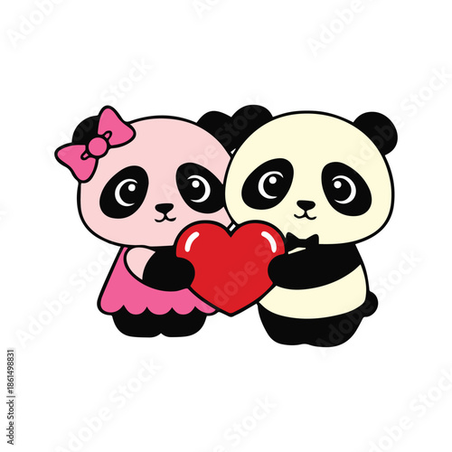 Cute cartoon pandas couple holding a red heart, Valentines Day t-shirt vector illustration.