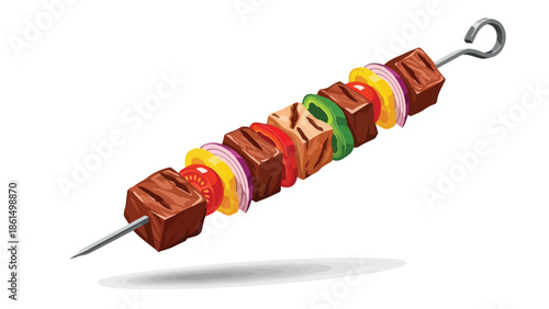 Vibrant succulent grilled meat and fresh vegetable skewer showcasing colorful bell peppers, sweet red onions, and ripe tomatoes, forming a delicious