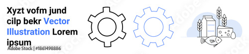 Two gear outlines with food items thumbs up cheese, fish, grain, and milk evoke industry, agriculture, and productivity. Ideal for manufacturing, farming, technology food supply sustainability