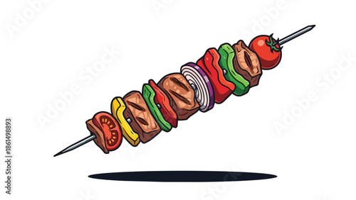 Vibrant grilled skewer with colorful vegetables and savory meat pieces a delightful barbecue illustration