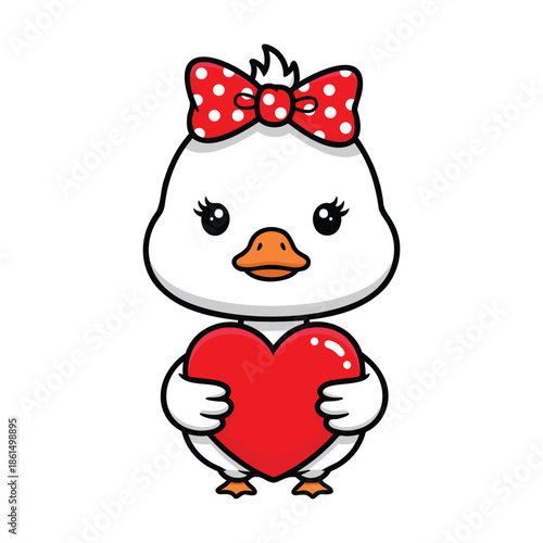 Cute cartoon duckling Duck holding a large red heart with a polka dot bow on its head, Valentines Day t-shirt Illustration.