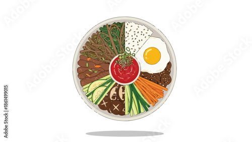 Vibrant illustration of a traditional Korean bibimbap bowl showcasing fresh vegetables, savory meat, and a fried egg