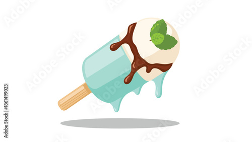 Vibrant melting ice cream bar with chocolate drizzle and fresh mint leaves a delightful summer treat