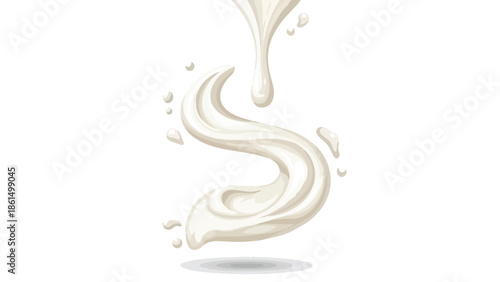 Captivating dynamic swirl of fresh white liquid with delicate drops, illustrating purity, flow, and creamy texture.