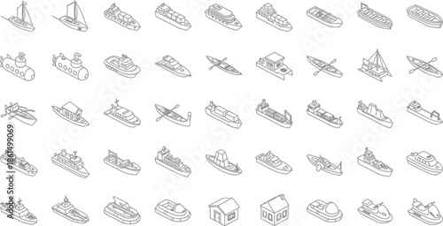  Ship and boat icons set in isometric 3d style. Sailing elements set collection vector illustration 