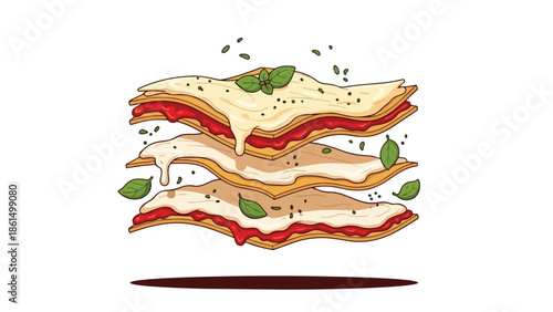 Vibrant culinary layers showcase delicious pasta, rich sauce, and fresh herbs in a dynamic floating composition, a perfect visual for food enthusiasts