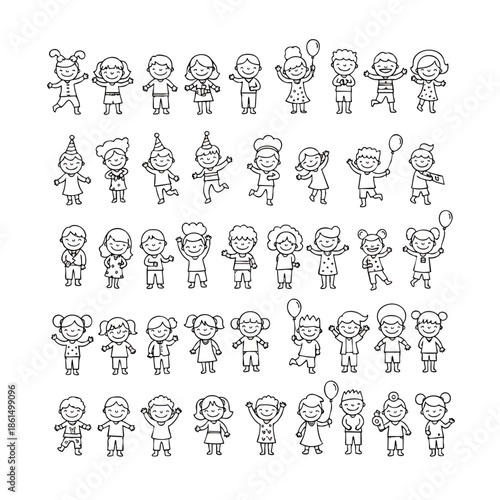 Cheerful Cartoon Children Celebrating with Balloons and Party Hats.