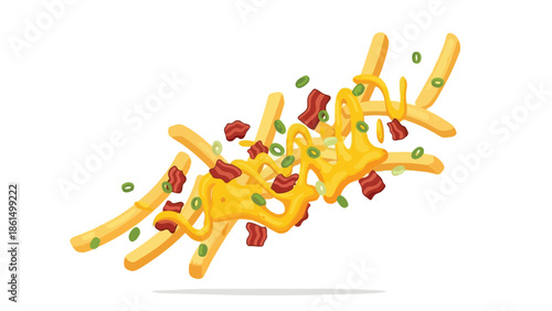 Dynamic vector art of golden french fries, smothered in melted cheese, crispy bacon, vibrant green onion garnishes irresistible treat.