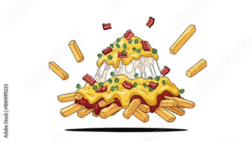 A playful cartoon illustration showcasing a mountain of golden french fries, decadently smothered in rich melted cheese, crunchy bacon bits, and