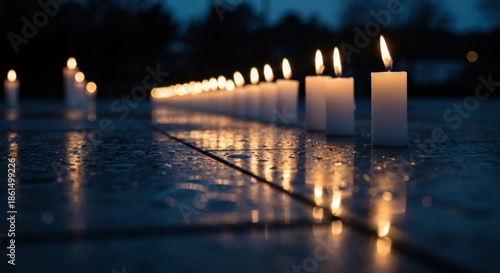 A long line of lit candles glows on a wet surface, a somber scene in the dark