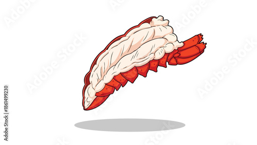 Stylized culinary graphic featuring a delicious red lobster tail meat illustration floating above a subtle shadow