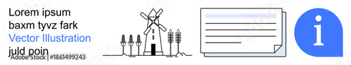 Agriculture, renewable energy, information sharing, document processing, resource management, business services. Windmill, document and info icon. Agriculture and renewable energy conceptual