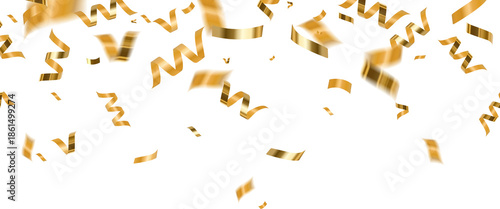 Celebration background, gold confetti border, party banner. Falling Golden Confetti and Curled Streamers