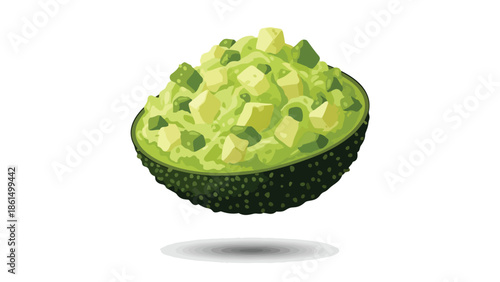 Vibrant illustration of a fresh guacamole in an avocado half perfect for healthy snack recipes and culinary designs