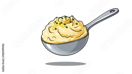 Delectable creamy mashed potatoes scooped in a silver ladle, generously adorned with a melting golden butter pat and vibrant green chives,