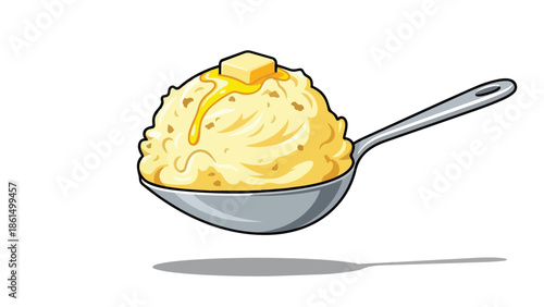 A delightful spoonful of creamy mashed potatoes, generously topped with a rich, melting pat of golden butter, presented in a vibrant cartoon