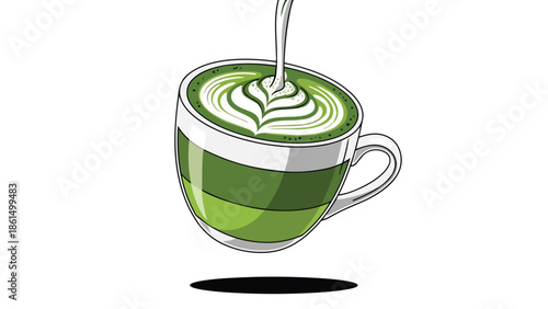 Exquisite matcha latte art being gracefully poured into a stylish mug showcasing vibrant green hues a soothing beverage moment