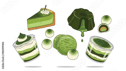 An delightful collection of vibrant green tea infused confections showcasing a variety of rich matcha flavored desserts and sweet treats visually