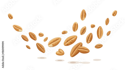 Dynamic natural oat grains in mid-air motion, symbolizing wholesome nutrition and fresh agricultural produce for healthy lifestyle concepts and