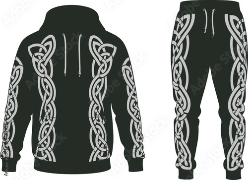Hoodie, sweatpants, Celtic knot, black, gray, fashion, sketch, front, side, silhouette, posture, gesture, setup, vector, pose, flavector, garment, technical, flat, cad drawing flat vector