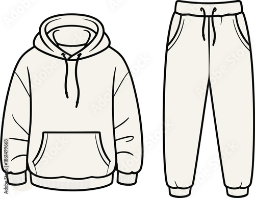 Hoodie, sweatpants, beige, black outline, fashion, sketch, front, back, silhouette, posture, gesture, setup, vector, pose, flavector, minimal, garment, technical, flat, cad drawing flat vector