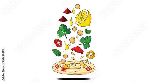 Vibrant illustration of fresh ingredients falling into a creamy bowl of homemade hummus creation process