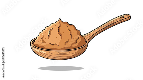 Illustration of a rustic wooden spoon overflowing with a generous mound of light brown granular substance, embodying culinary ingredients and