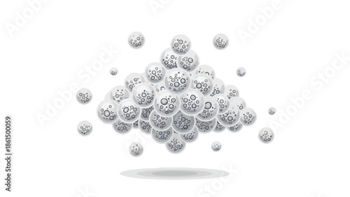 A dynamic aggregation of translucent spheres filled with abstract cellular structures creating a visually engaging scientific illustration