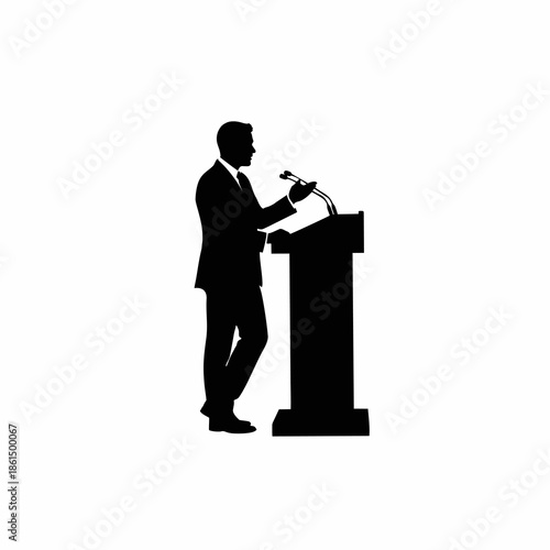Vector silhouette of a man giving a speech, isolated on a white background